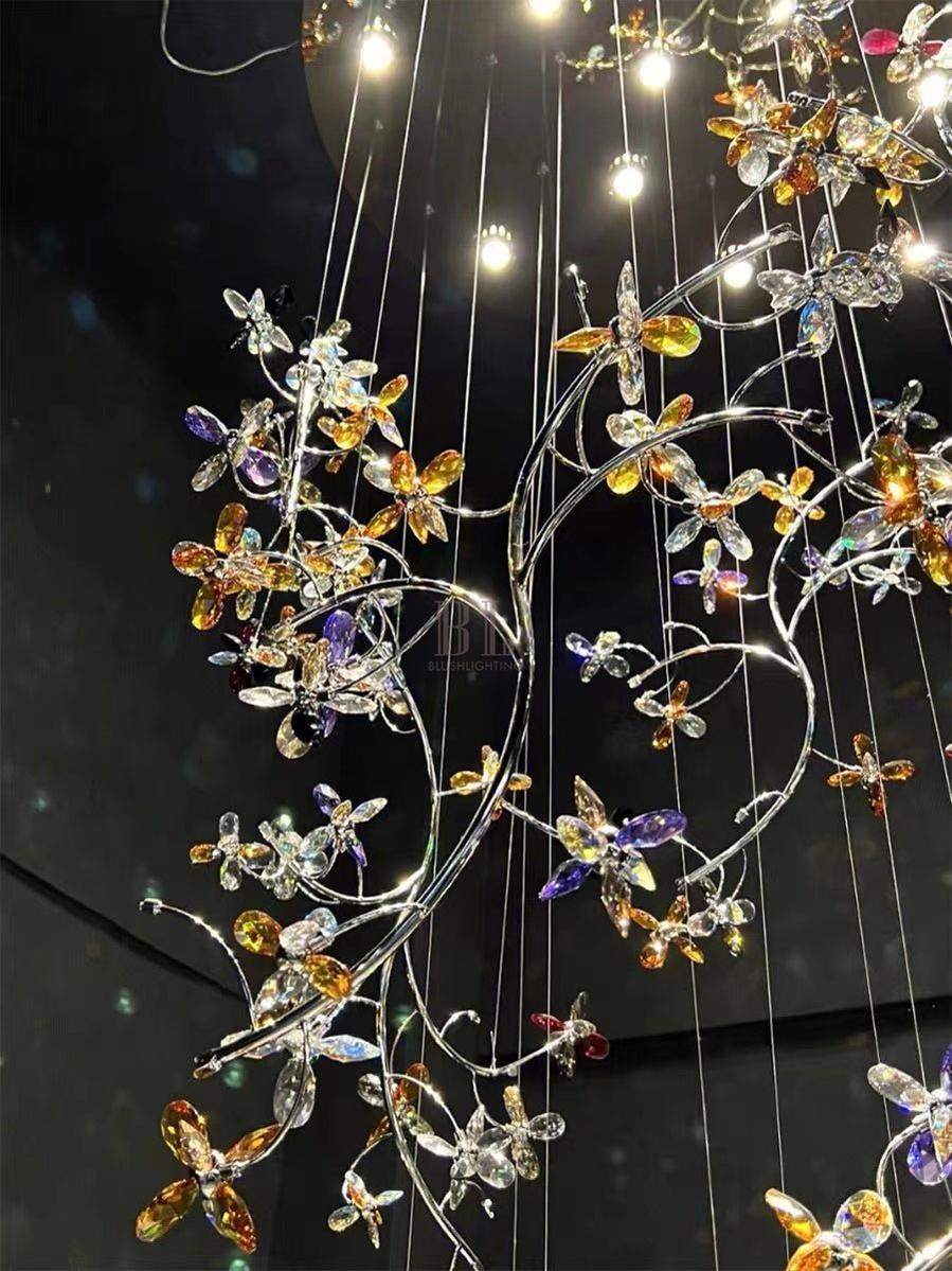 Luxury Branch Flower Crystal Chandelier for High Ceiling Staircase Foyer and Hallway Decor - D19.7"*H118"/18kgChromeWarm LightBlushlighting