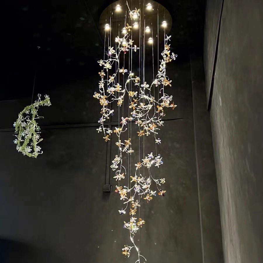 Luxury Branch Flower Crystal Chandelier for High Ceiling Staircase Foyer and Hallway Decor - D19.7"*H118"/18kgChromeWarm LightBlushlighting
