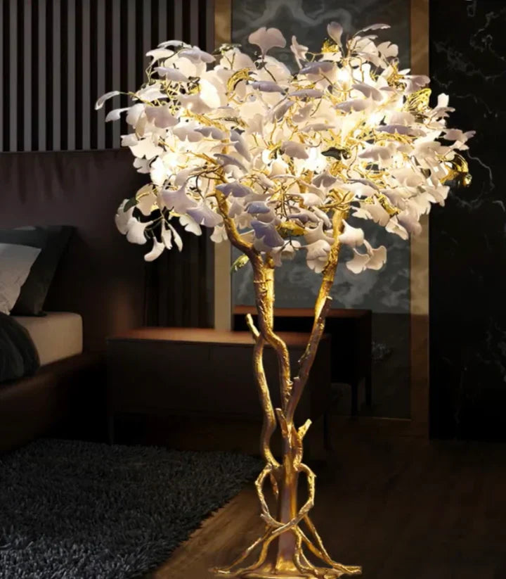 Luxury Creative White Ceramic Ginkgo Biloba Copper Branch Art Design Floor Lamps for Living Room/Bedroom/Dressing Room