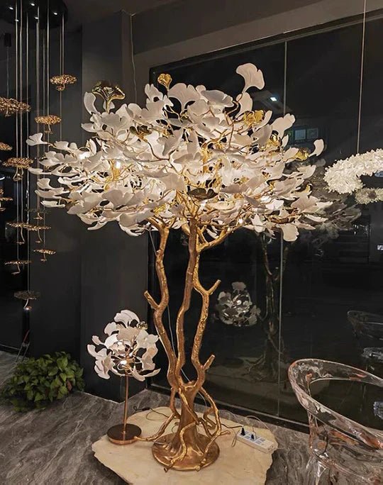 Luxury Creative White Ceramic Ginkgo Biloba Copper Branch Tree Floor Lamp for Living Room and Bedroom - D39.4"*H82.7"Warm LightBlushlighting