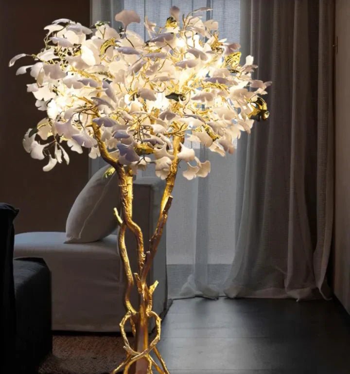 Luxury Creative White Ceramic Ginkgo Biloba Copper Branch Tree Floor Lamp for Living Room and Bedroom - D39.4"*H82.7"Warm LightBlushlighting