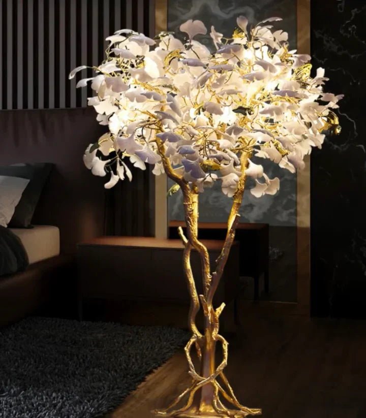 Luxury Creative White Ceramic Ginkgo Biloba Copper Branch Tree Floor Lamp for Living Room and Bedroom - D39.4"*H82.7"Warm LightBlushlighting