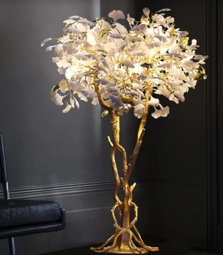Luxury Creative White Ceramic Ginkgo Biloba Copper Branch Tree Floor Lamp for Living Room and Bedroom - D39.4"*H82.7"Warm LightBlushlighting