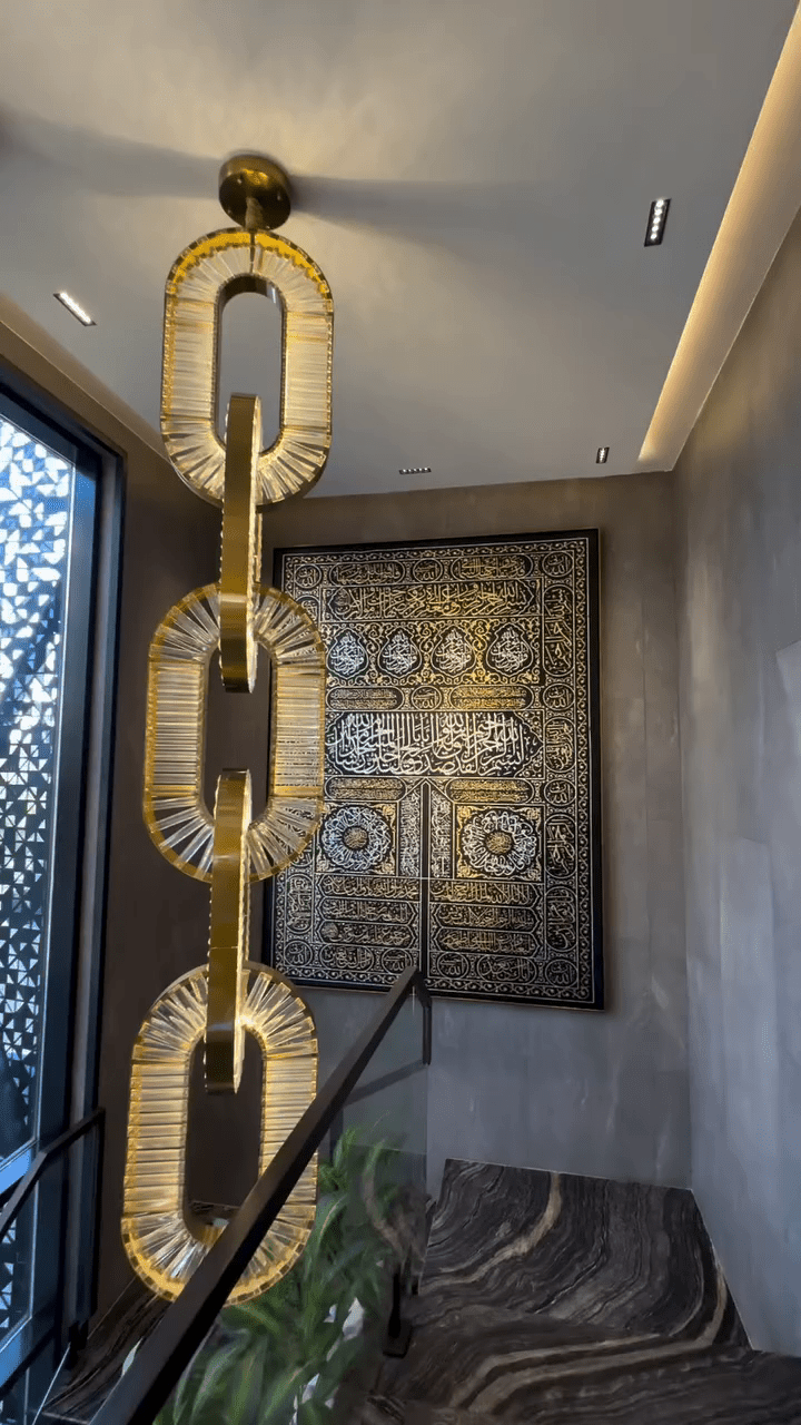 Luxury Crystal and Metal Chain Pendant Chandelier for High Ceilings with Modern Finish - Vertical/3 Rings/D12"*H48"/26kgGoldWarm LightBlushlighting