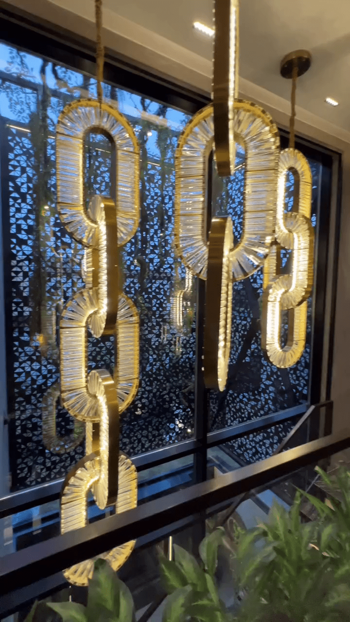 Luxury Crystal and Metal Chain Pendant Chandelier for High Ceilings with Modern Finish - Vertical/3 Rings/D12"*H48"/26kgGoldWarm LightBlushlighting
