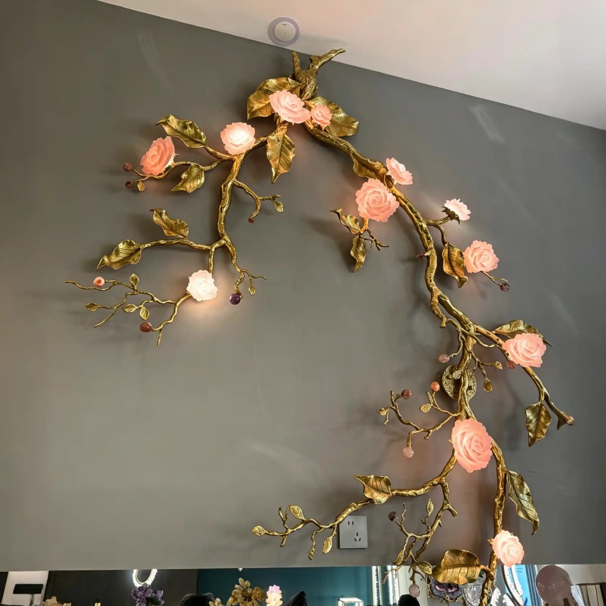 Luxury Elegant Golden Branch Blossom Twig Natural Crystal Lighting Set - Pendant Chandelier/L50.39“*W24.8”Warm LightBlushlighting