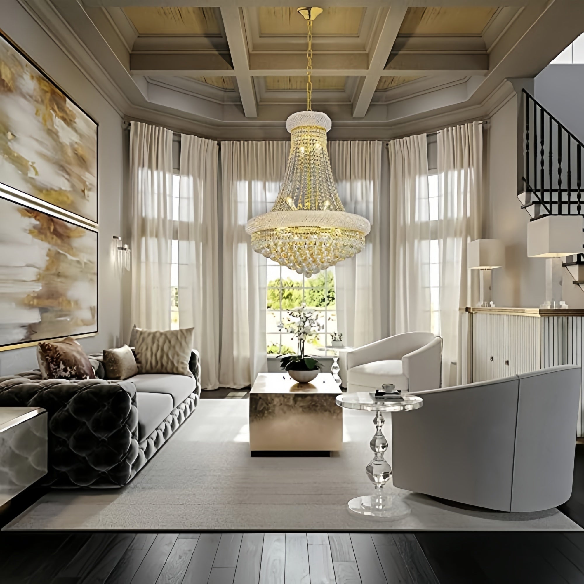 Luxury Empire Foyer K9 Crystal Chandelier Light Fixture In Gold/ Chrome Finish - D19.7"*H21.7"GoldWarm LightBlushlighting
