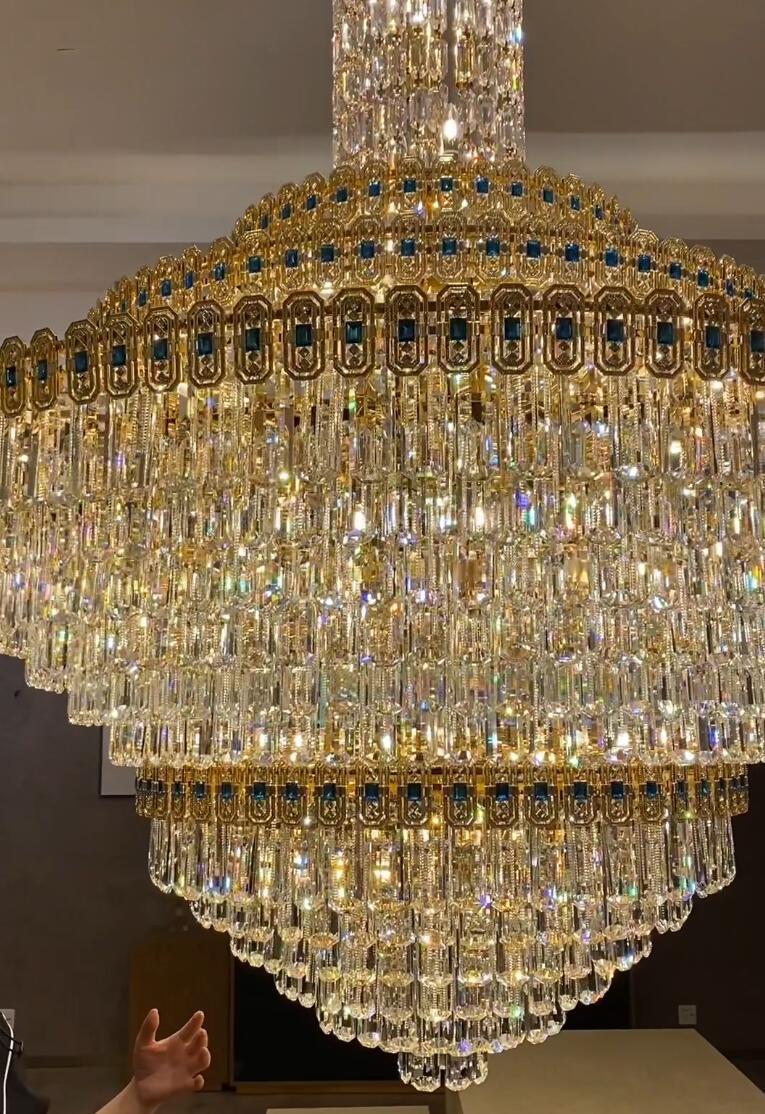 Luxury Extra Large Conical Funnel Crystal Chandelier with Sapphire for High Ceiling - D31.5"*H52.5"(D80cm*H133cm)/75.7kgWarm LightBlushlighting