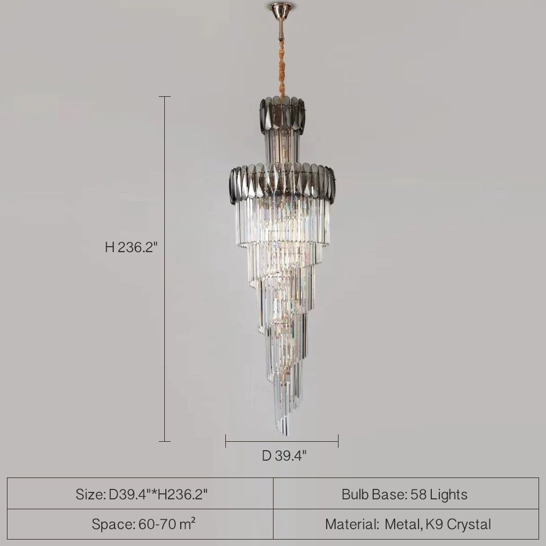 Luxury Extra Large Foyer Spiral Staircase Chandelier Long Crystal Ceiling Light Fixture For Living Room Hall Entrance - D39.4"*H157.5"/ 58 LightsSmoky GrayBlushlighting