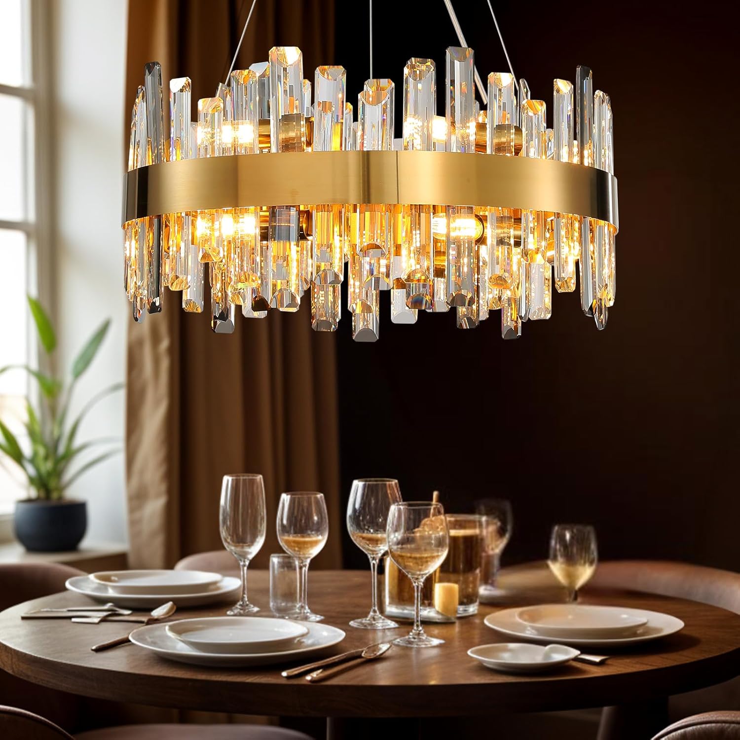 Luxury Gold 12 - Light Round K9 Crystal Chandelier for Living Spaces - GoldRound D19.6''Blushlighting