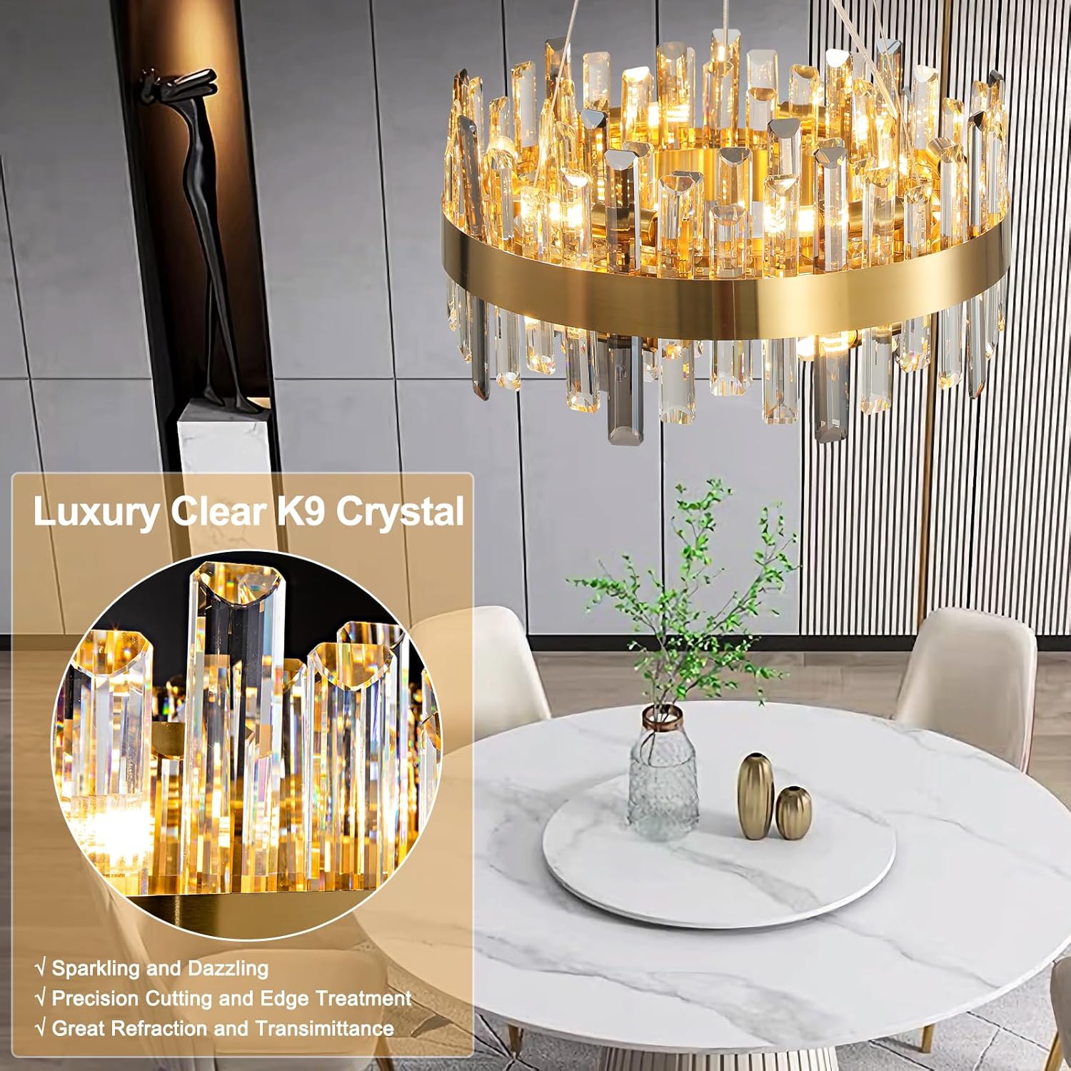 Luxury Gold 12 - Light Round K9 Crystal Chandelier for Living Spaces - GoldRound D19.6''Blushlighting