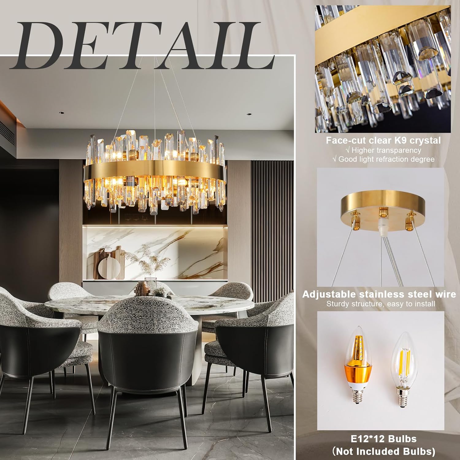 Luxury Gold 12 - Light Round K9 Crystal Chandelier for Living Spaces - GoldRound D19.6''Blushlighting