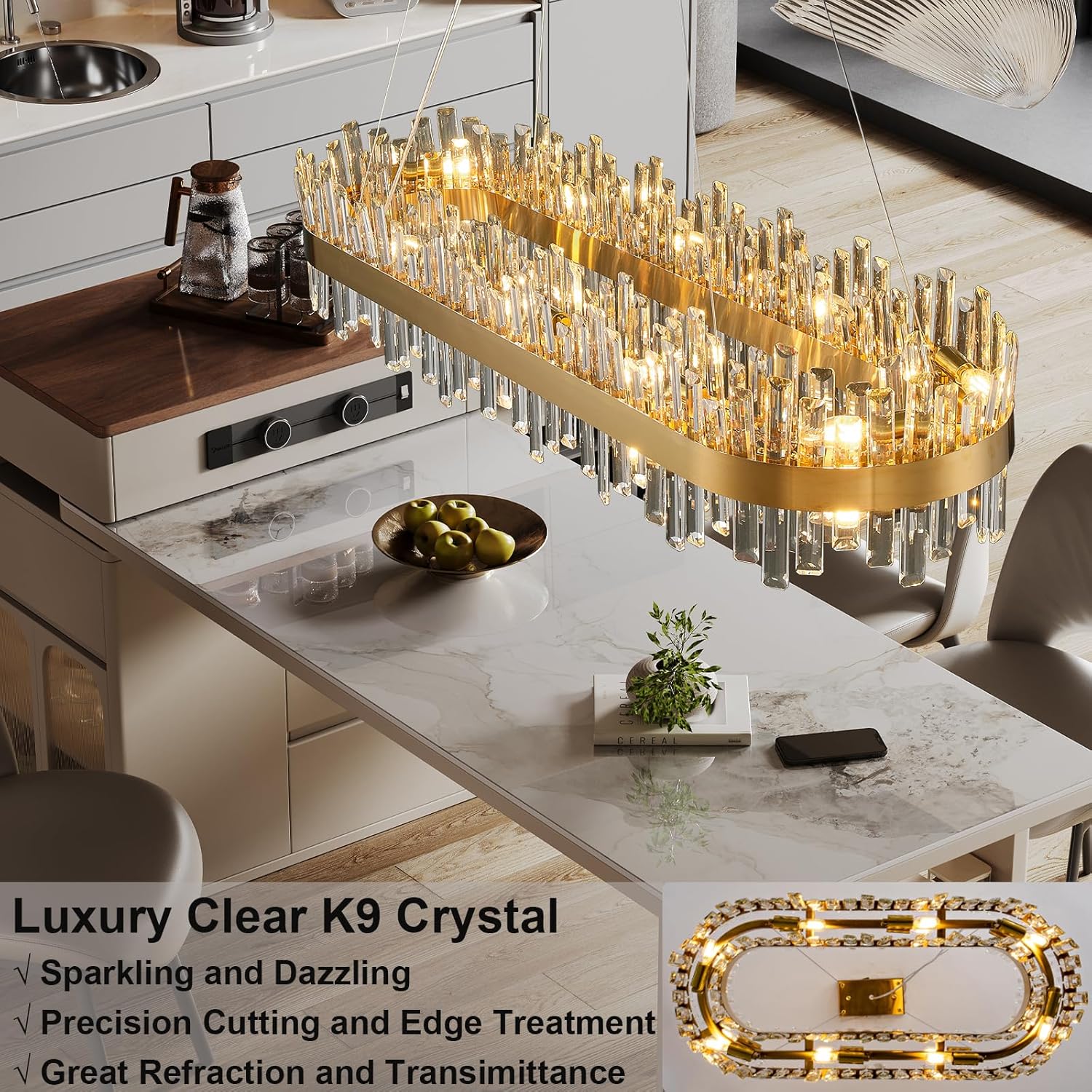 Luxury Gold 2 - Tier Rectangular Crystal Chandelier 52" L Dining - GoldRectangle L52''Blushlighting