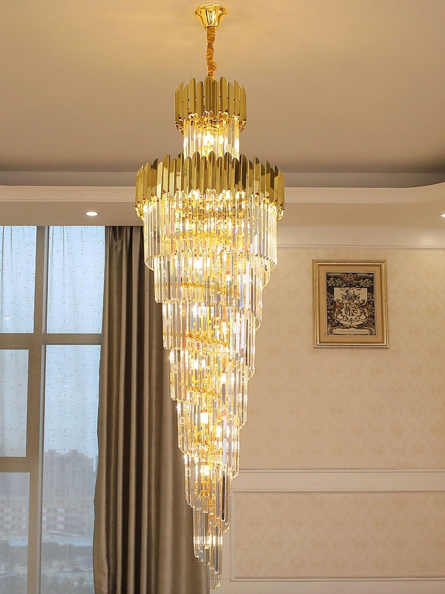 Luxury Gold Trimmed Long Crystal Chandelier Foyer Staircase Extra Large Ceiling Light Fixture - D17.7"*H47.2"/ 13 LightsBlushlighting