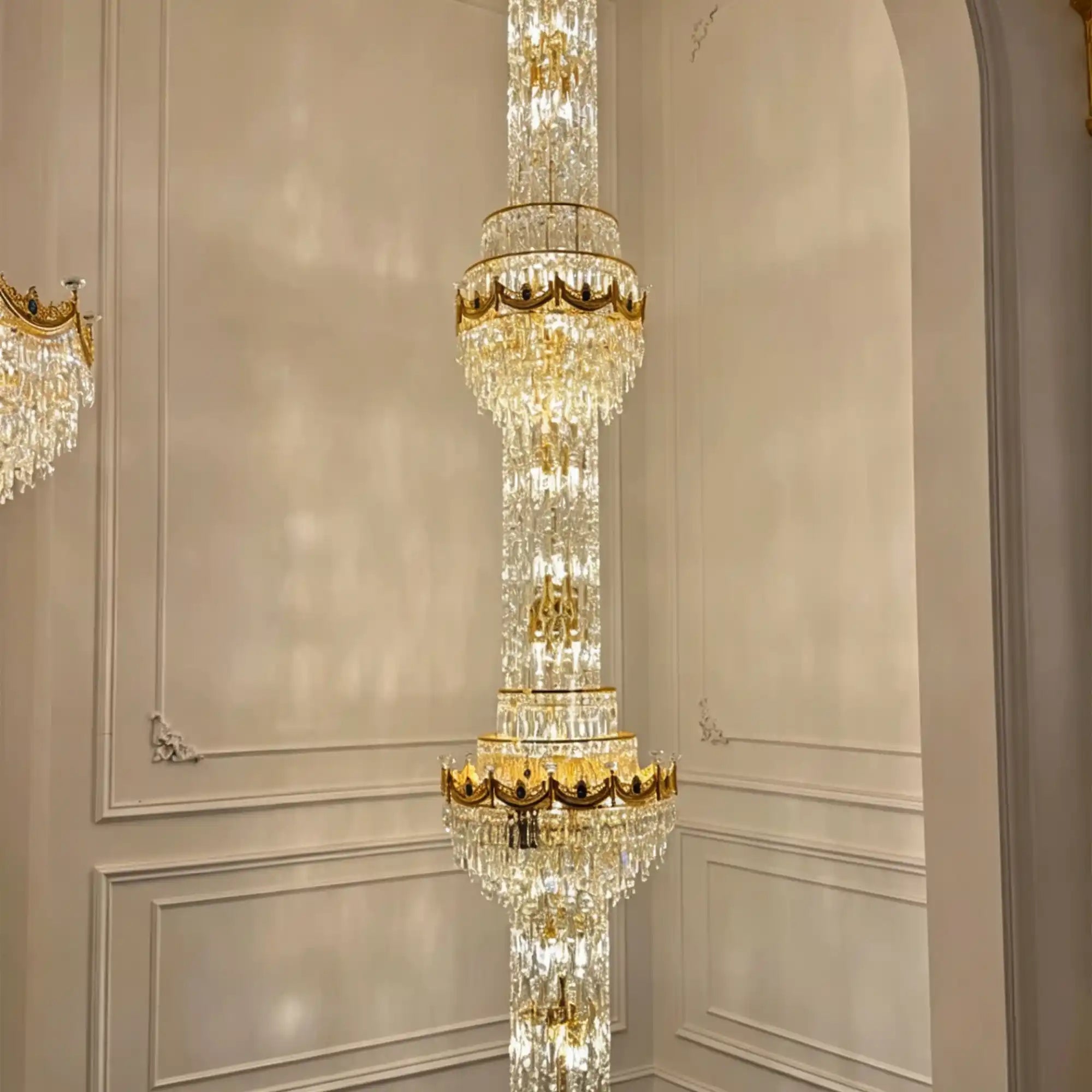 Luxury Majesty Grand Crown Top Cascading Long Tiered Crystal Chandelier - D23.62"*H137.80" (D60cm*H350cm)Warm LightBlushlighting