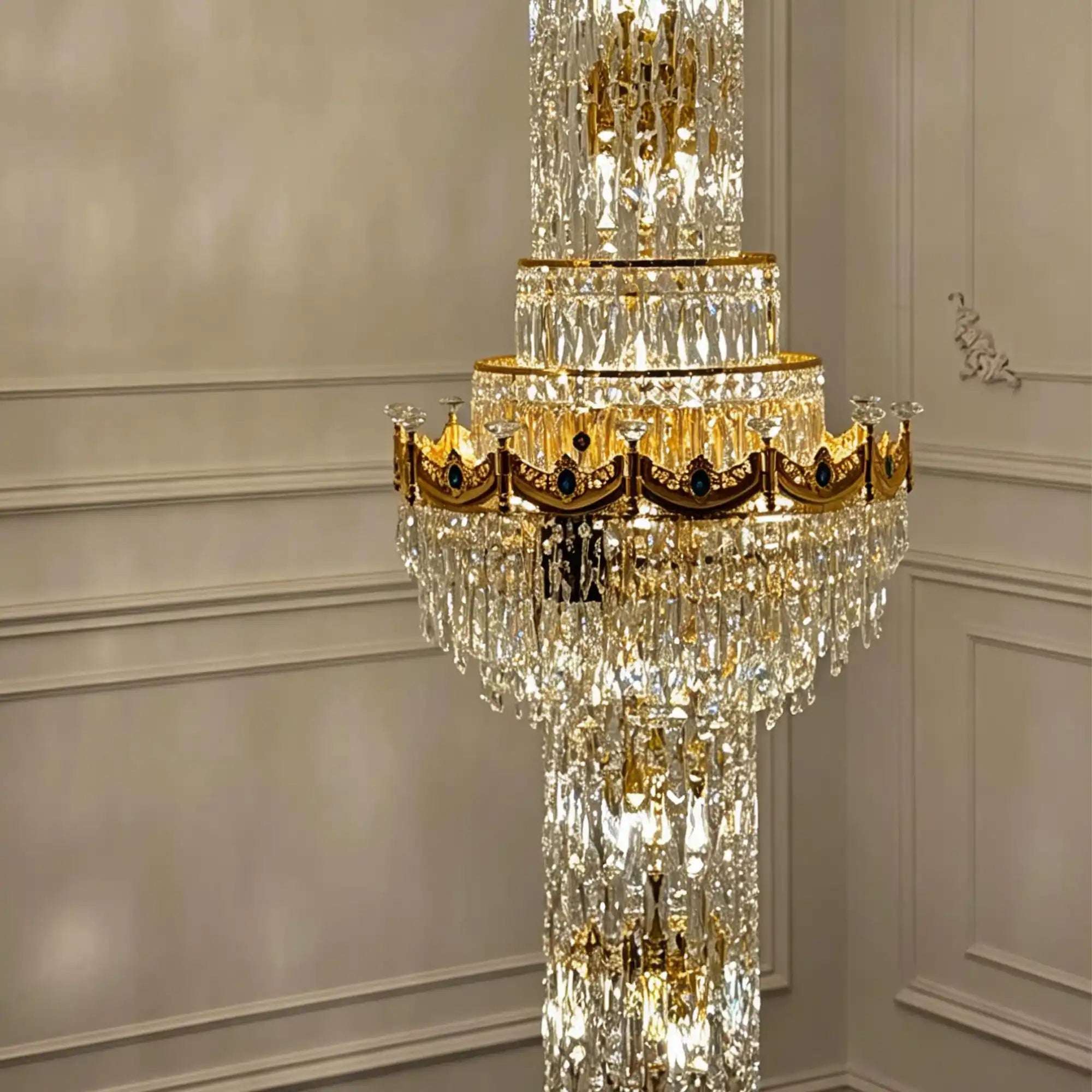 Luxury Majesty Grand Crown Top Cascading Long Tiered Crystal Chandelier - D23.62"*H137.80" (D60cm*H350cm)Warm LightBlushlighting