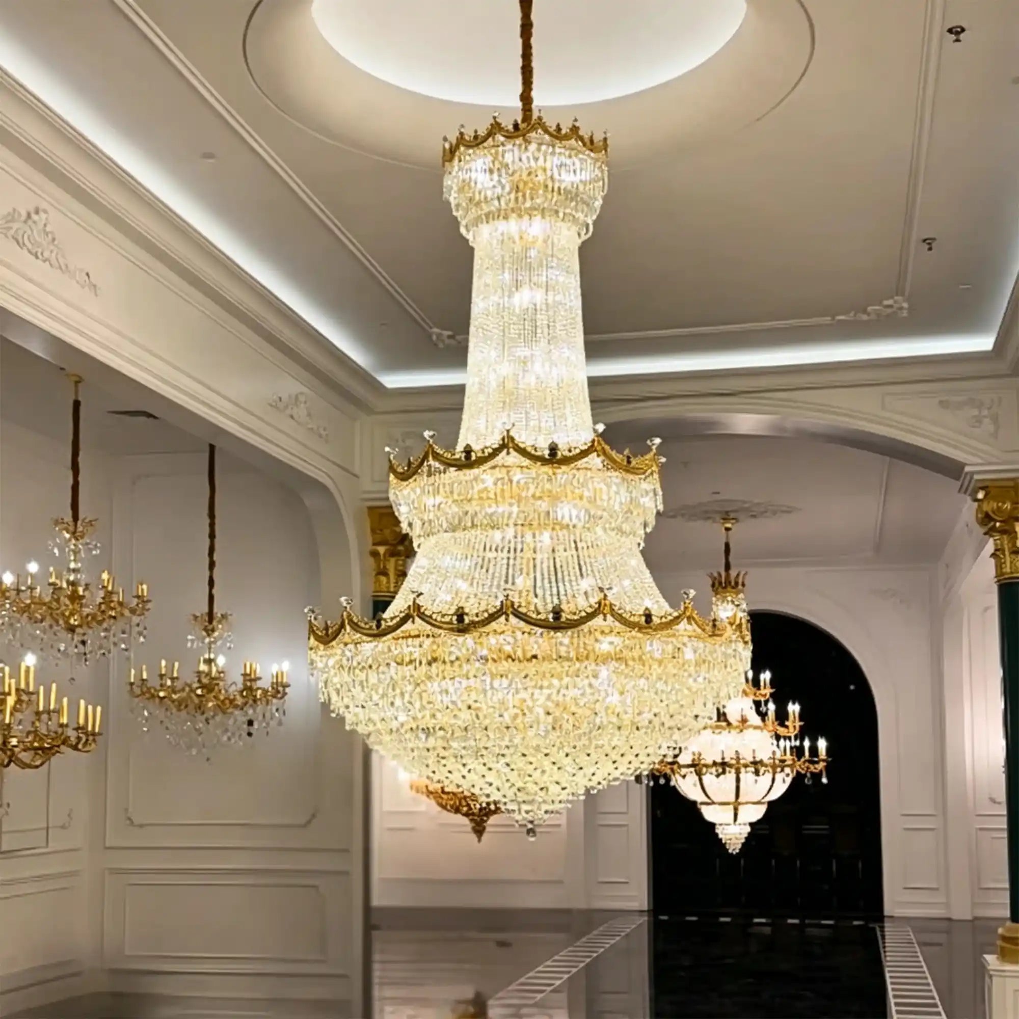 Luxury Palace-Style Tiered Gilded Brass Arm Crystal Chandelier - D64.96"*H90.55" (D165cm*H230cm)Warm LightBlushlighting