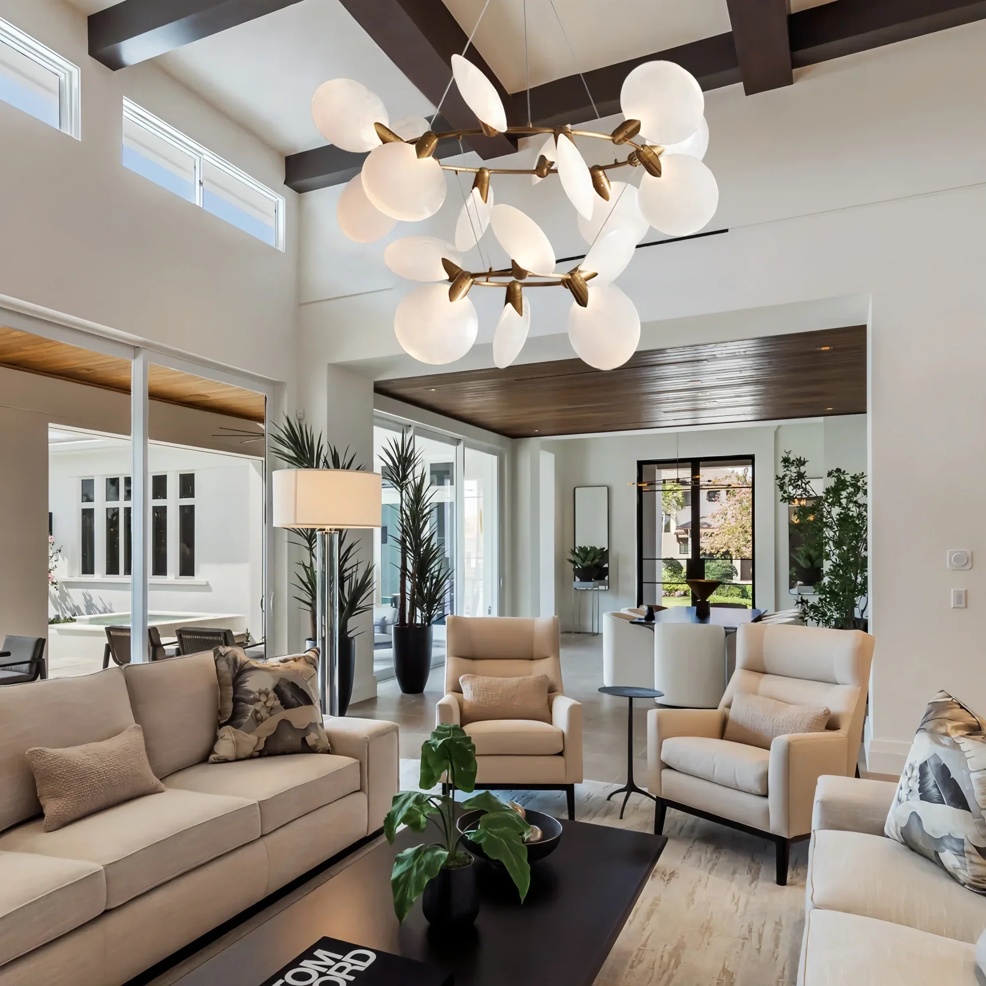 Large living room featuring Lyla 2-Tiered Halo Chandelier double ring ceiling light