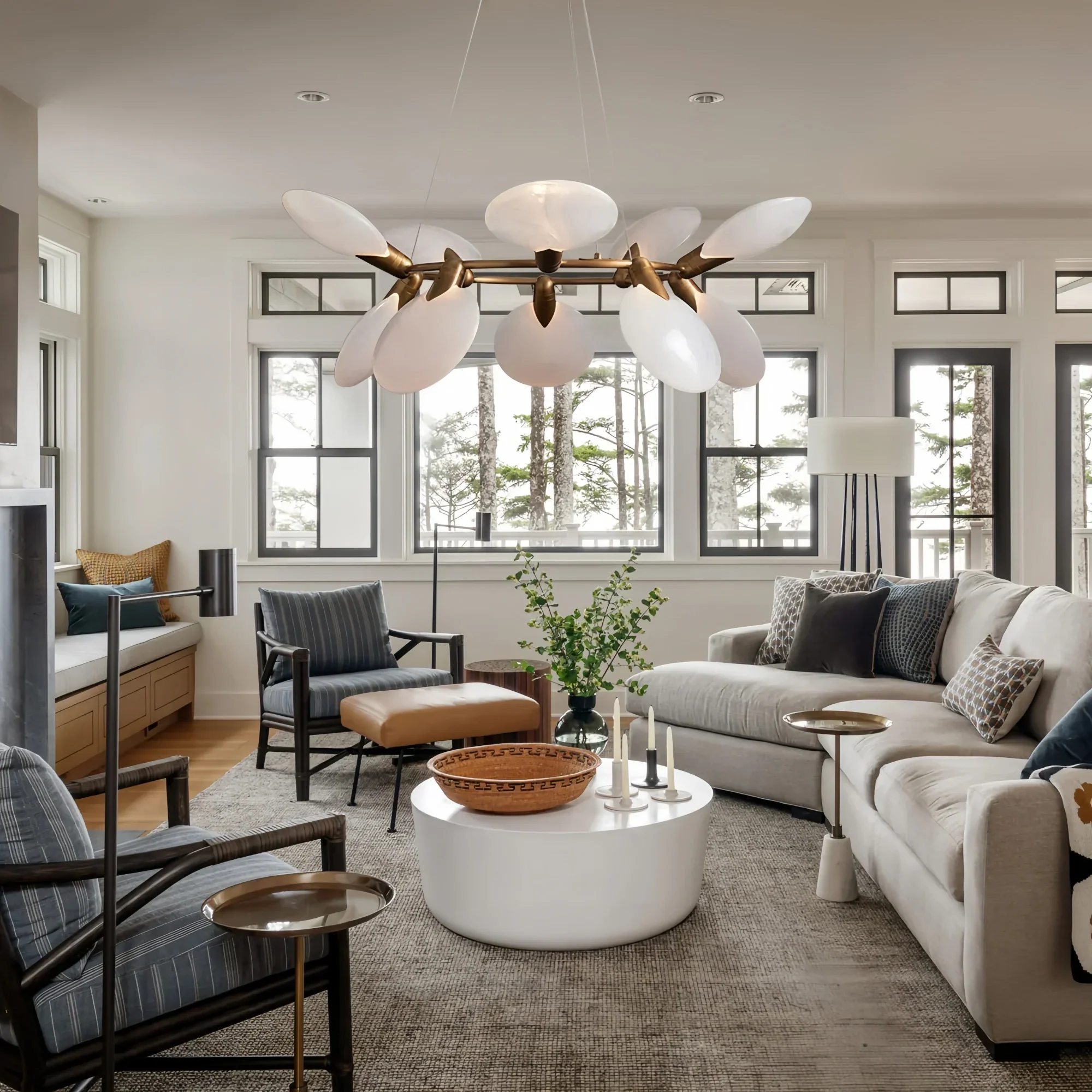 Modern living room featuring Lyla Halo Chandelier halo ceiling light