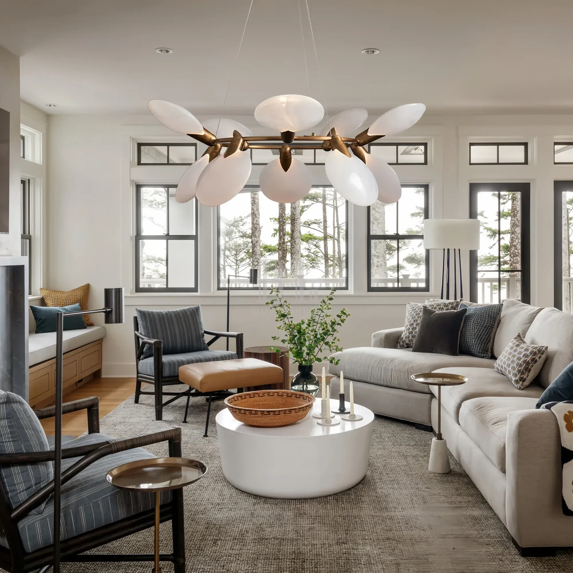 Modern living room featuring Lyla Halo Chandelier halo ceiling light