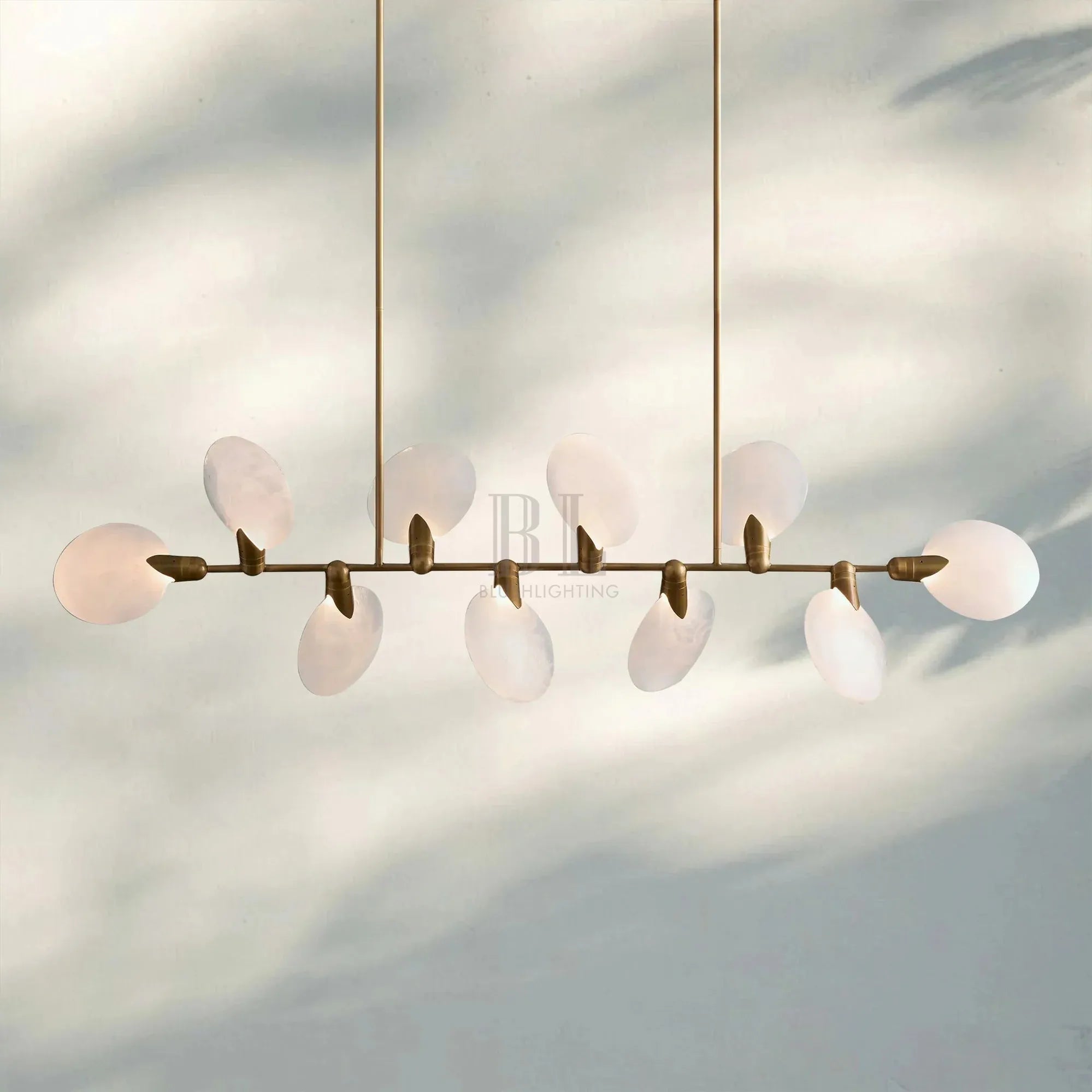 Lyla Linear Chandelier 62 inch modern dining room chandelier in brushed brass finish-turn on