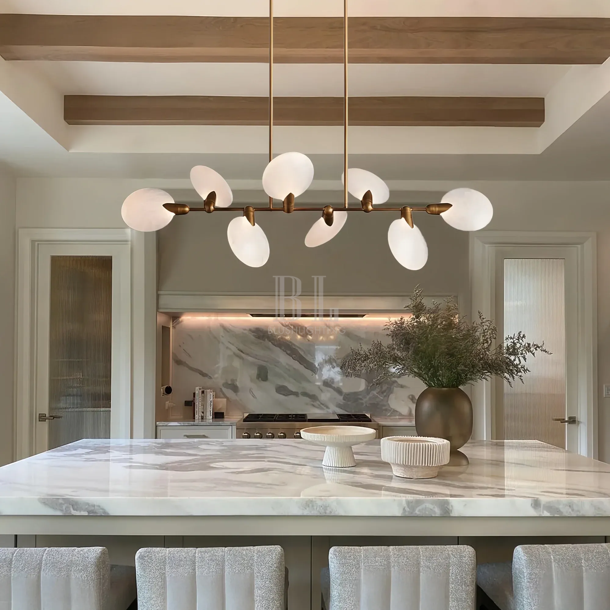 Elegant dining room with Lyla Linear Chandelier providing soft warm light
