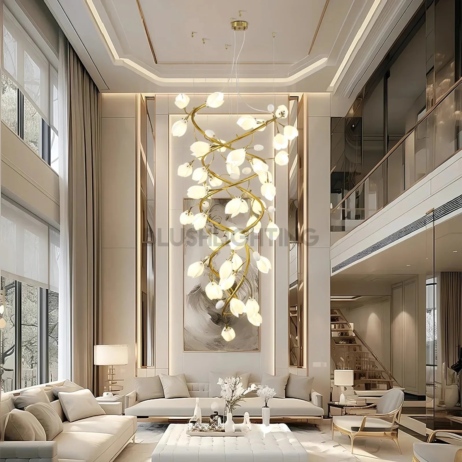 Lysandra Flower staircase chandelier - ∅ 31.5″ x H 59.1″ / Dia 80cm x H 150cmGold + WhiteBlushlighting