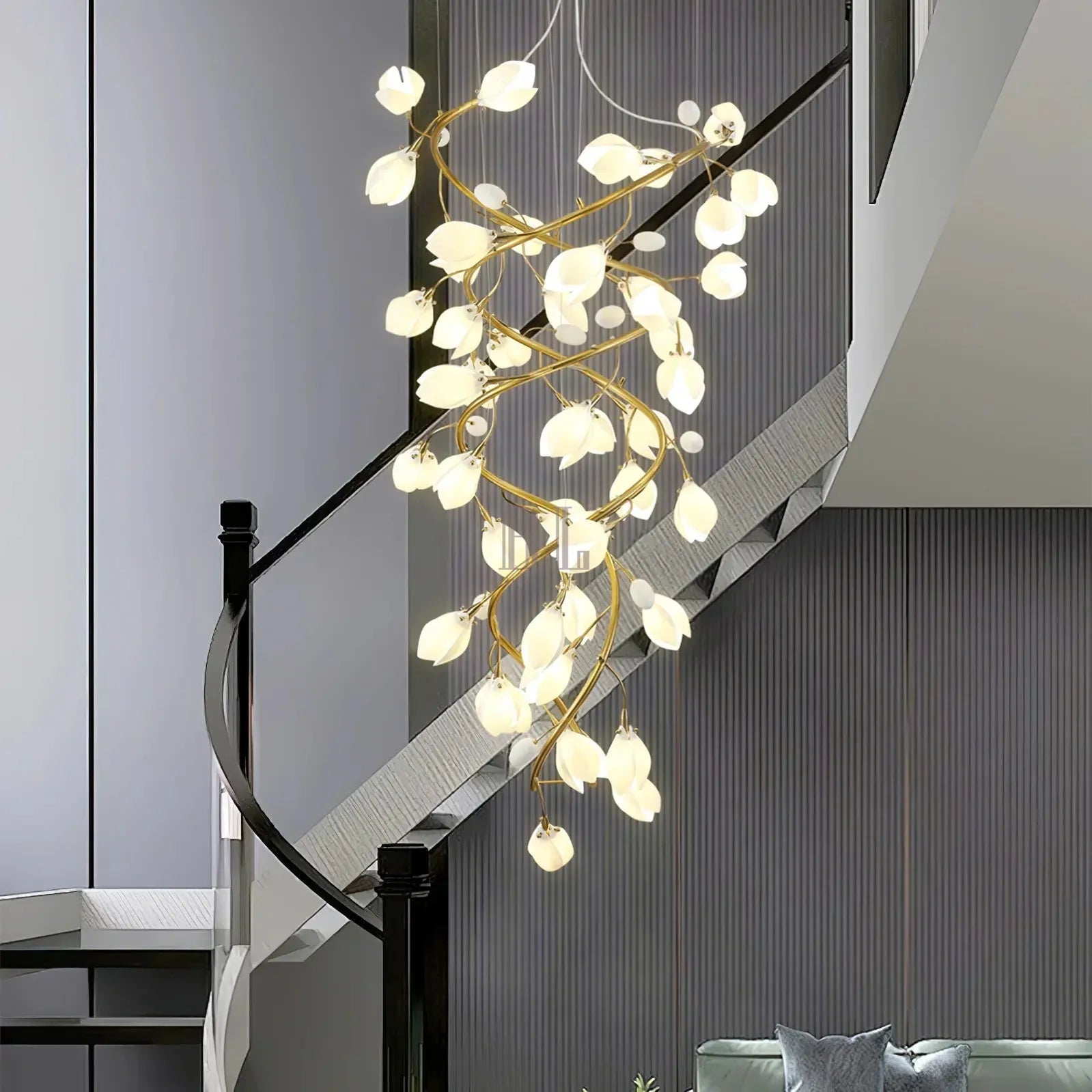 Lysandra Flower staircase chandelier - ∅ 31.5″ x H 59.1″ / Dia 80cm x H 150cmGold + WhiteBlushlighting