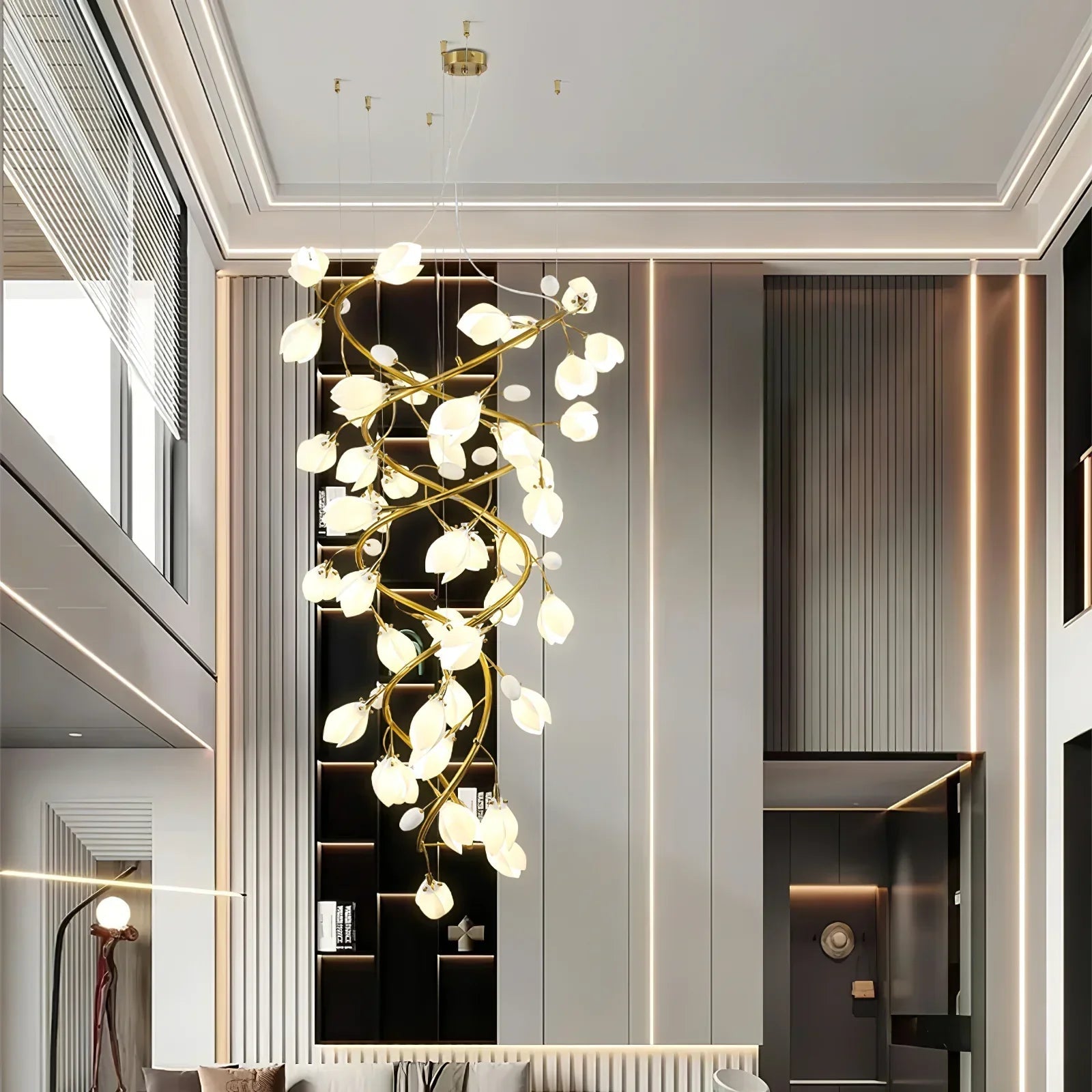 Lysandra Flower staircase chandelier - ∅ 47.2″ x H 98.4″ / Dia 120cm x H 250cmGold + WhiteBlushlighting