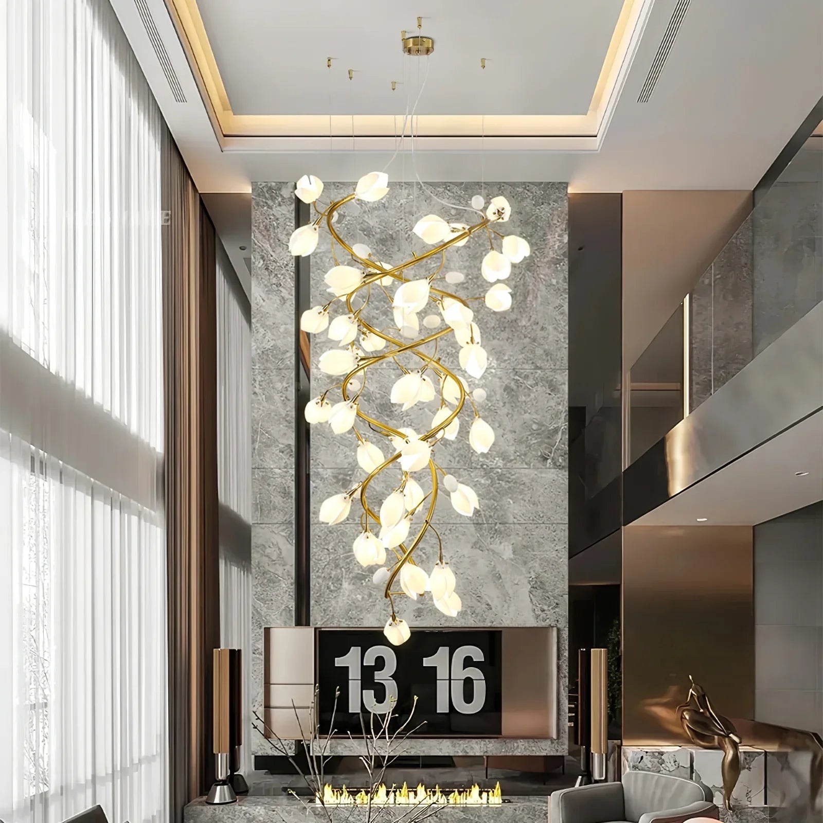 Lysandra Flower staircase chandelier - ∅ 47.2″ x H 98.4″ / Dia 120cm x H 250cmGold + WhiteBlushlighting