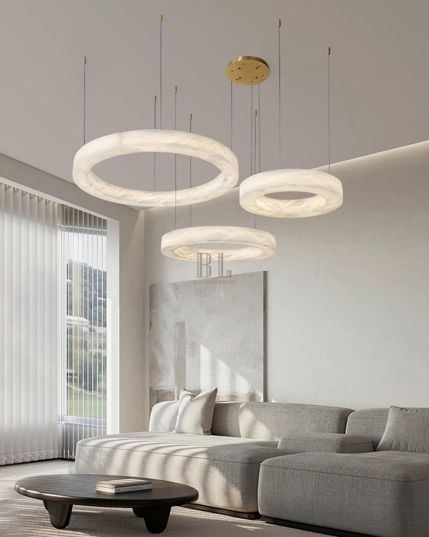 Marika Alabaster Chandelier - 3 Rings S 19.6″+23.6″+31.5″ / 50cm+60cm+80cmBrass & White AlabasterWarm WhiteBlushlighting