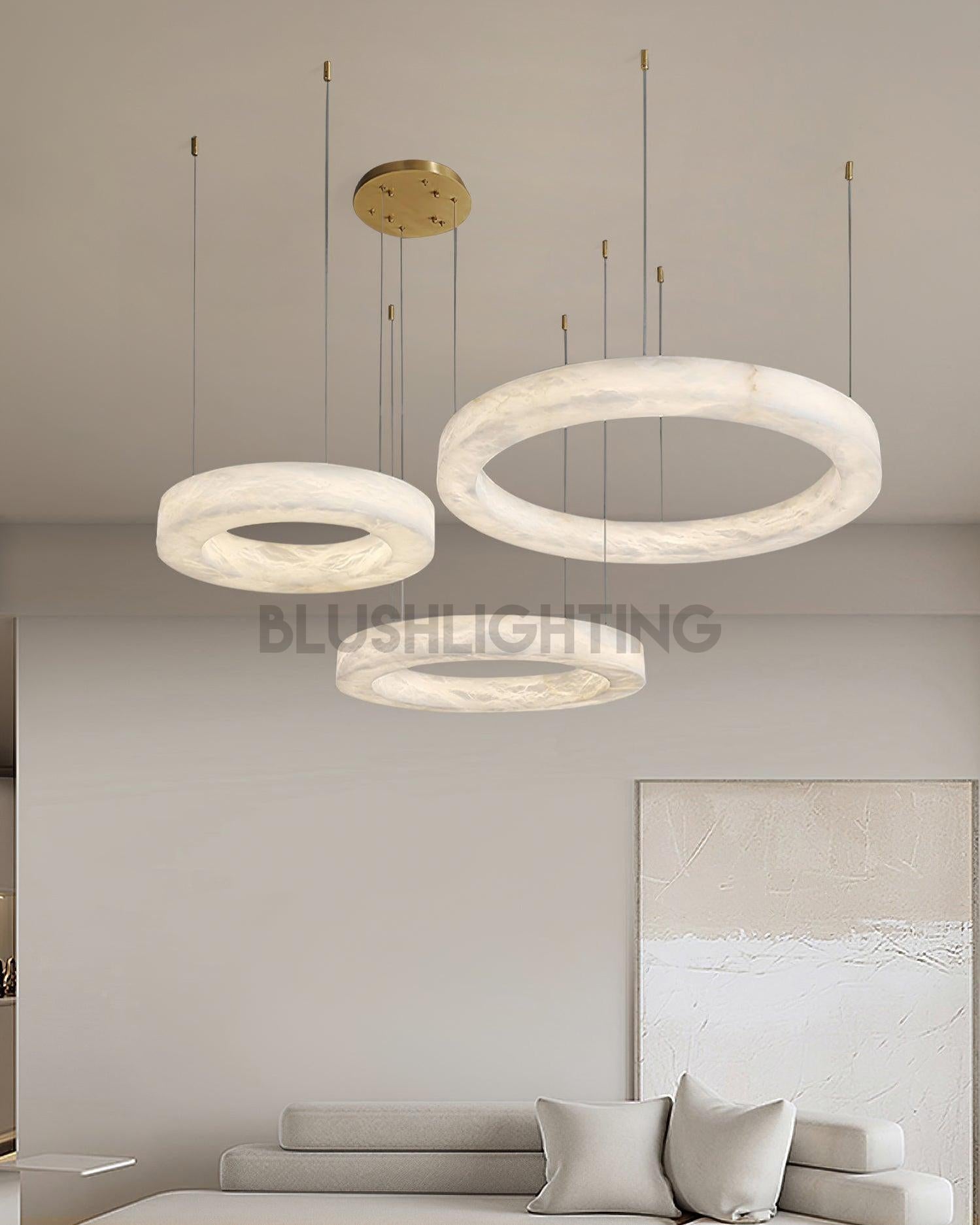 Marika Alabaster Chandelier - 3 Rings S 19.6″+23.6″+31.5″ / 50cm+60cm+80cmBrass & White AlabasterWarm WhiteBlushlighting