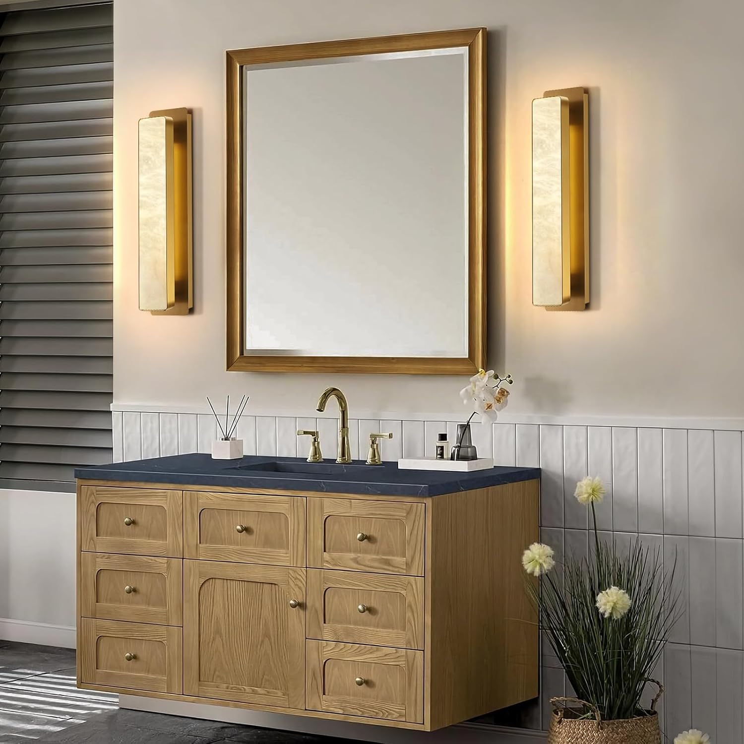 Melange Alabaster Rectangle Wall Sconces 20" - GoldBlushlighting