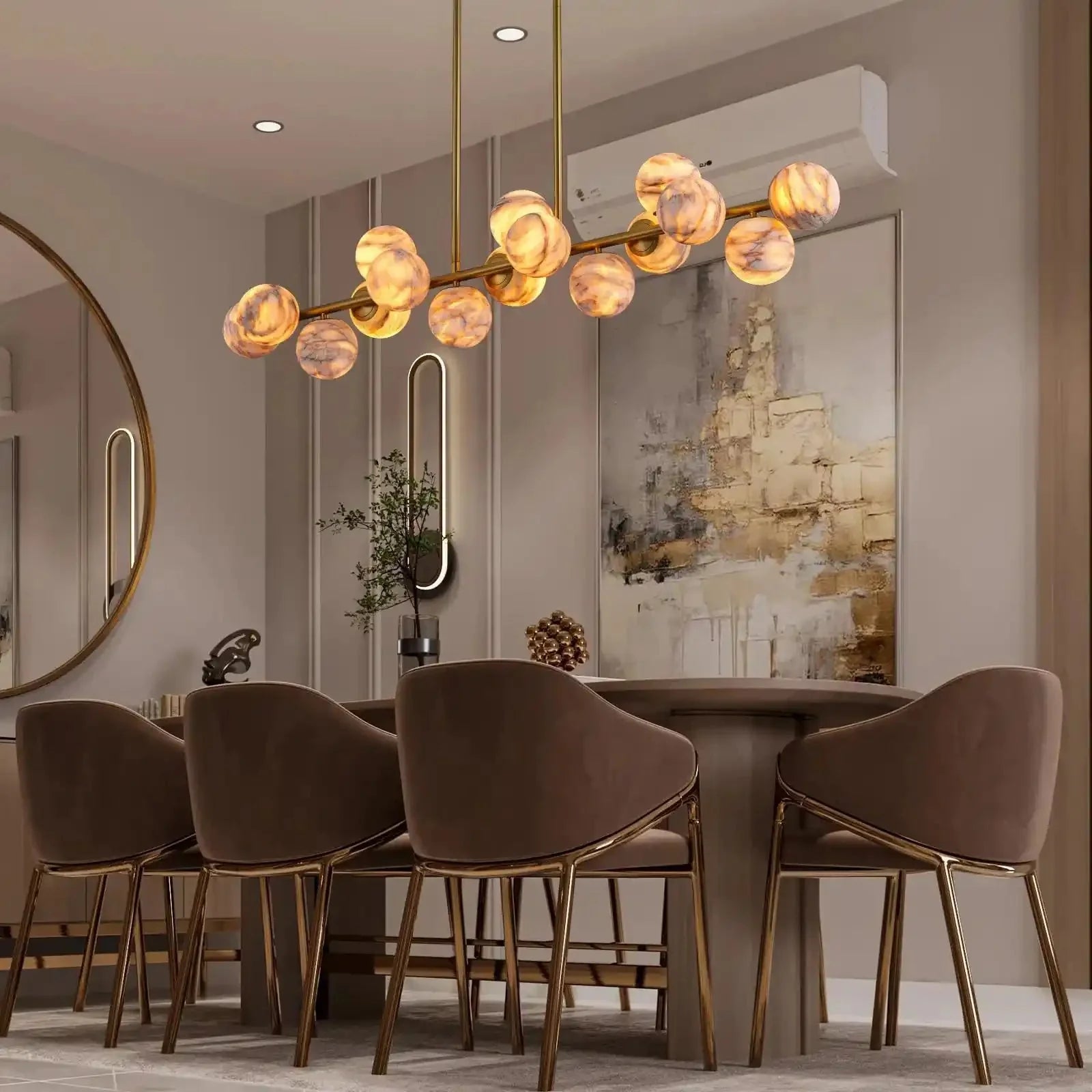 Mid Century Modern Sputnik 12 Light Gold Alabaster Globe Chandelier - Blushlighting