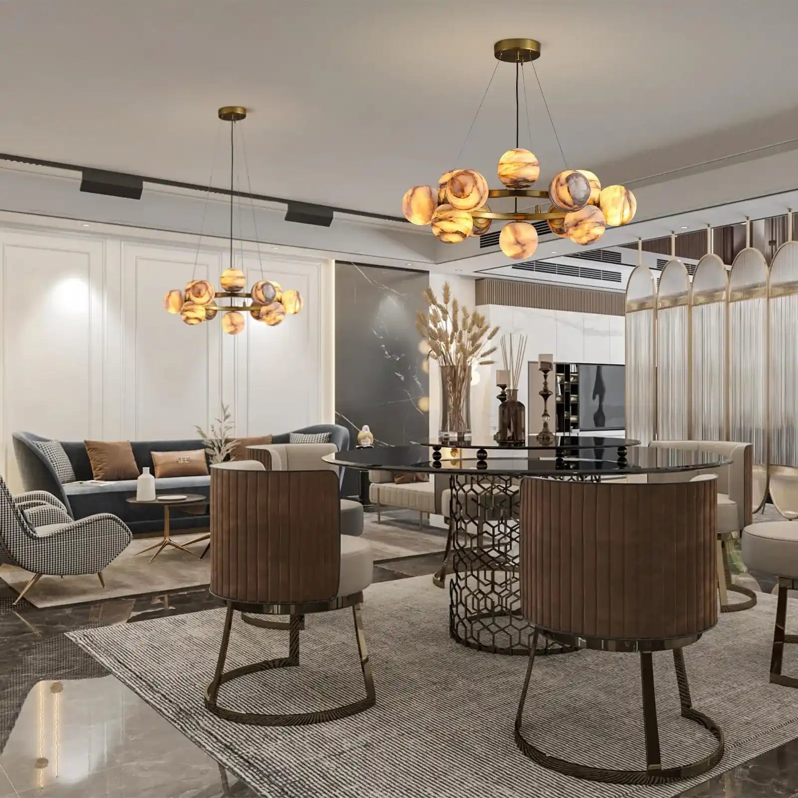 Mid Century Modern Sputnik 12 Light Gold Alabaster Globe Chandelier - Blushlighting