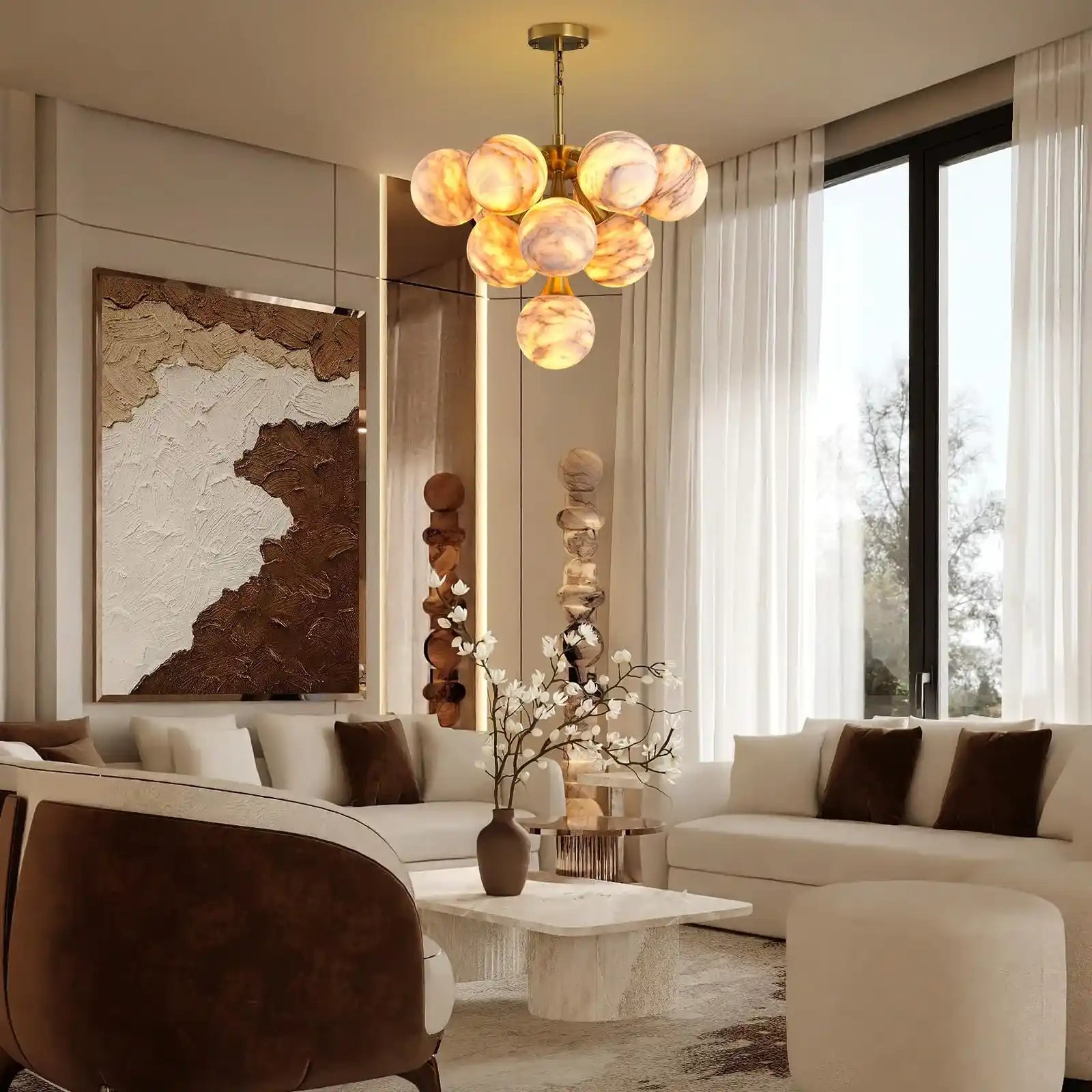 Mid Century Modern Sputnik 12 Light Gold Alabaster Globe Chandelier - Blushlighting