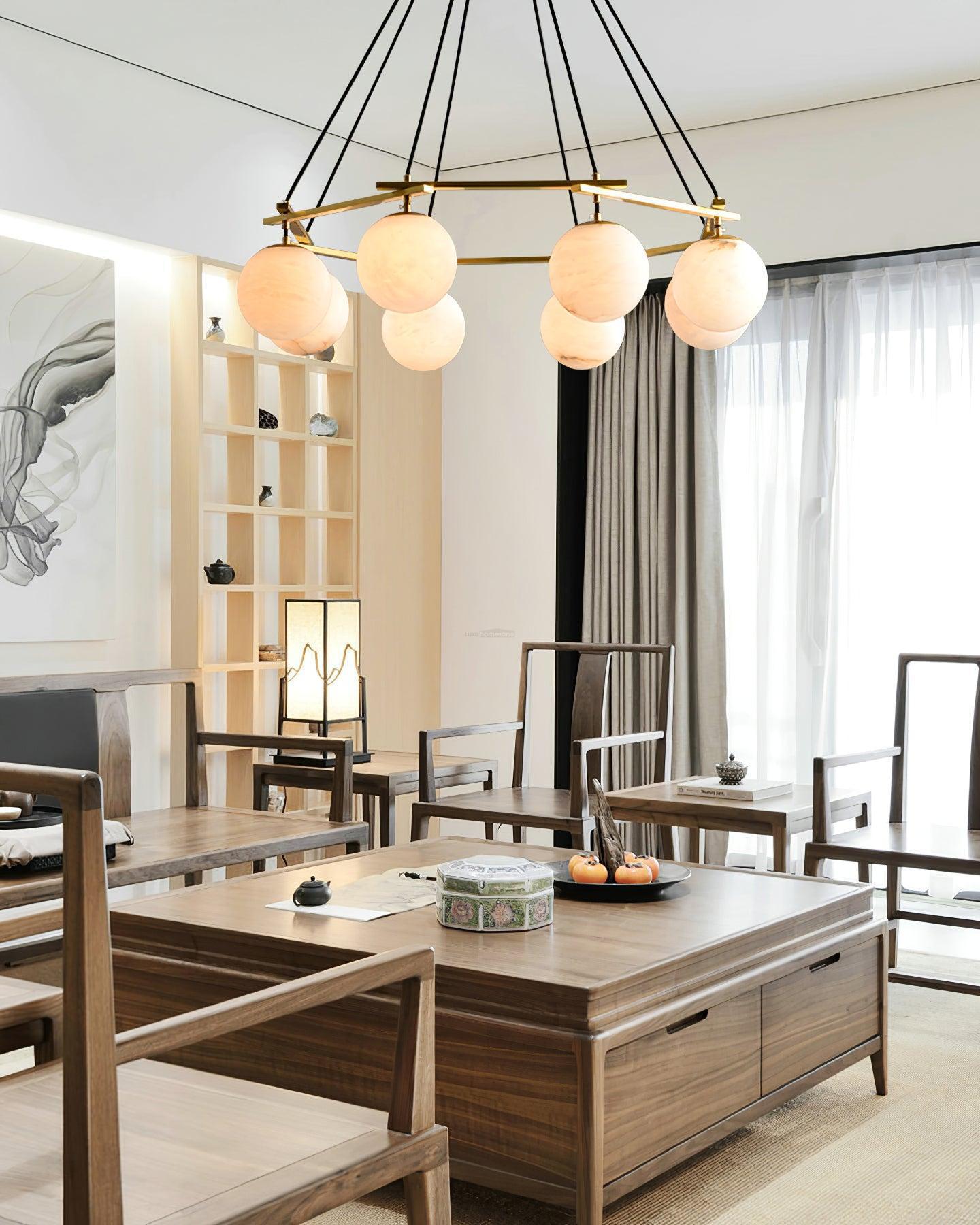 Miira Alabaster Chandelier with 3/6/8 heads - 3 heads 21.6" x H 59"/ Dia 55cm x H 150cmBrass & White AlabasterBlushlighting