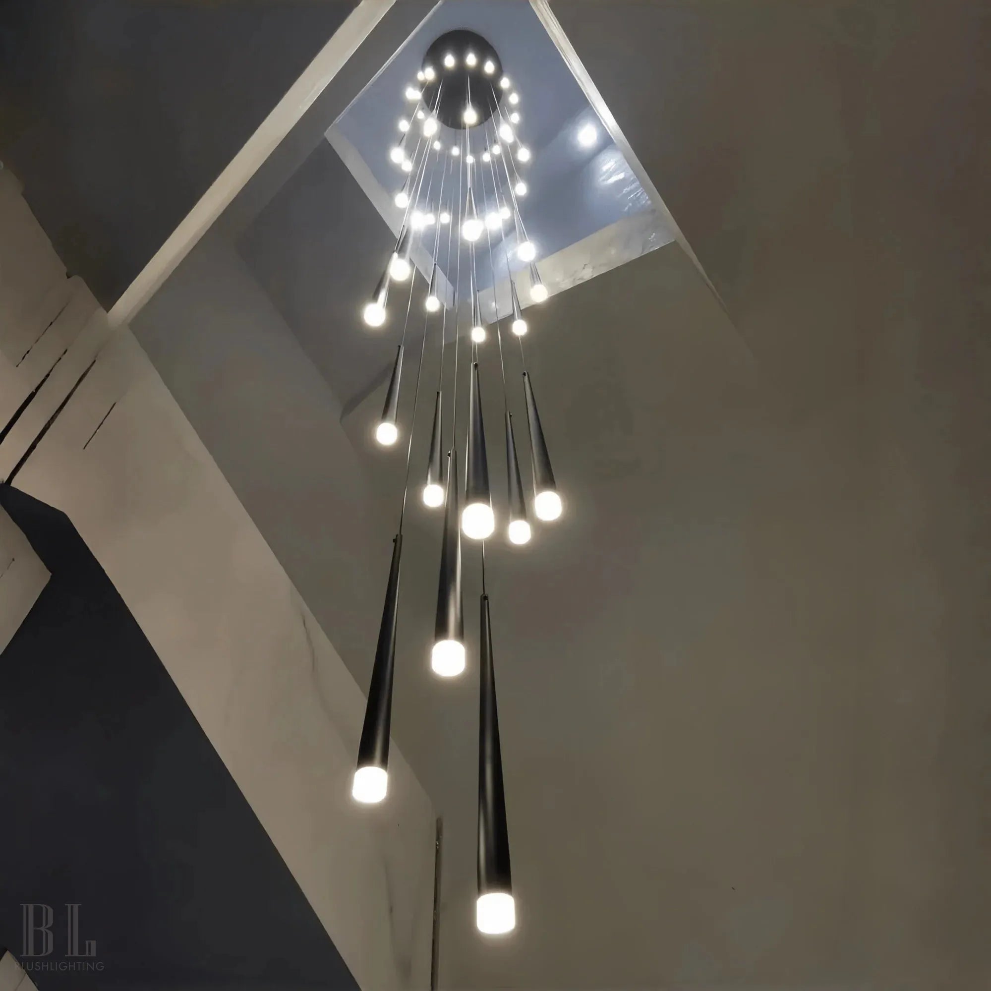 Minimalism Foyer Staircase Chandelier Ceiling Pendant Lighting Fixture For Living Room Entryway In Gold/ Black Finish - Blushlighting