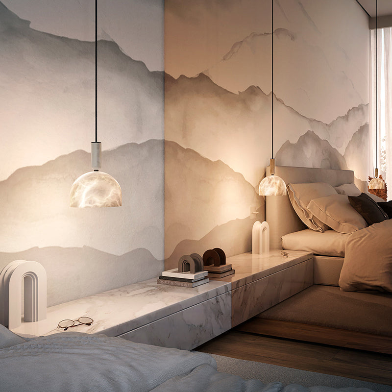 Aubry Modern Alabaster Bedside Pendant Light, Bedroom Pendant Lamp Chandelier Kevin Studio Inc   