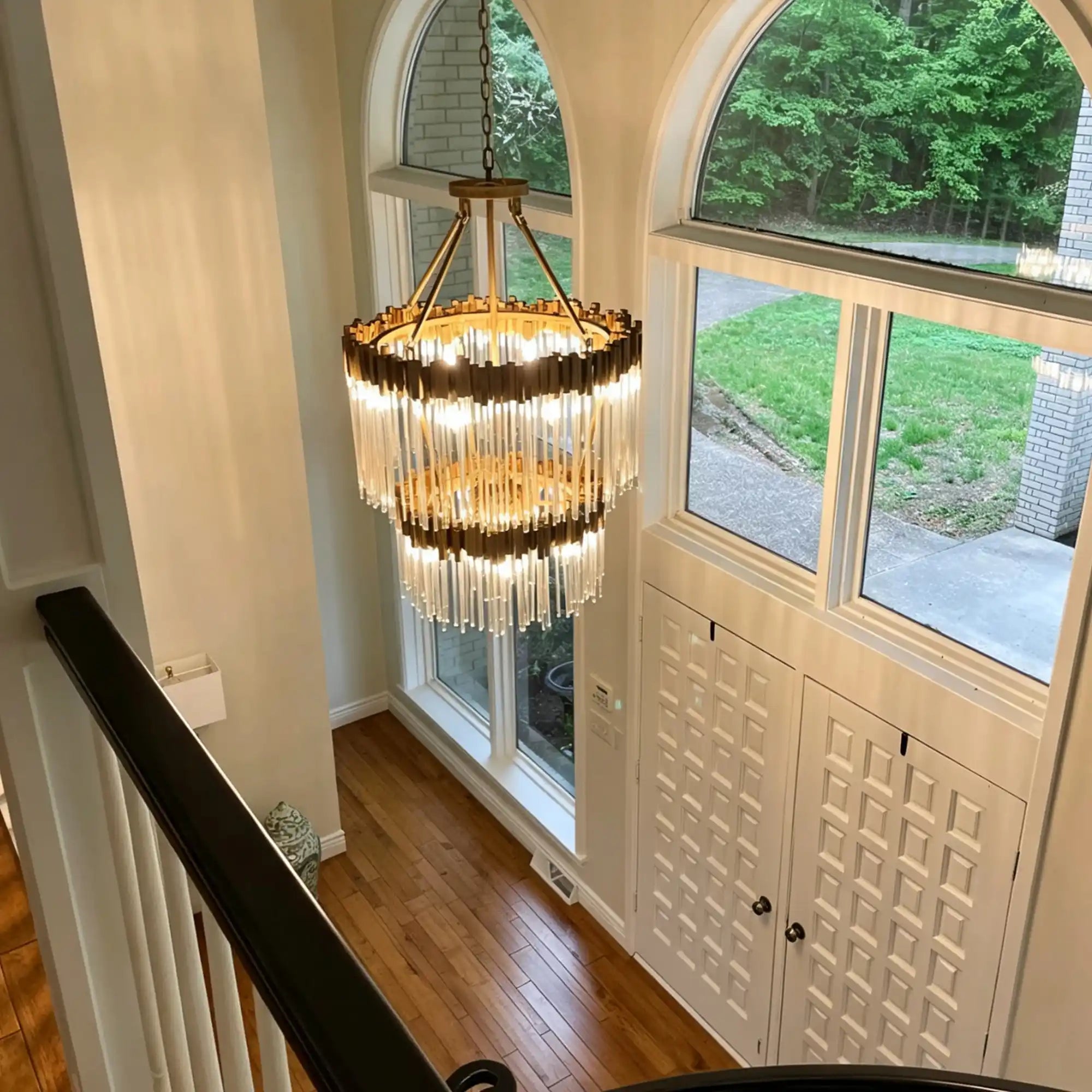 Modern Artistic Luxury Multi-layers Glam Glass Chandelier for High-Ceiling/Staircase/Foyer - 2 Layers/D30"*H56"/46kgAntique CopperWarm LightBlushlighting