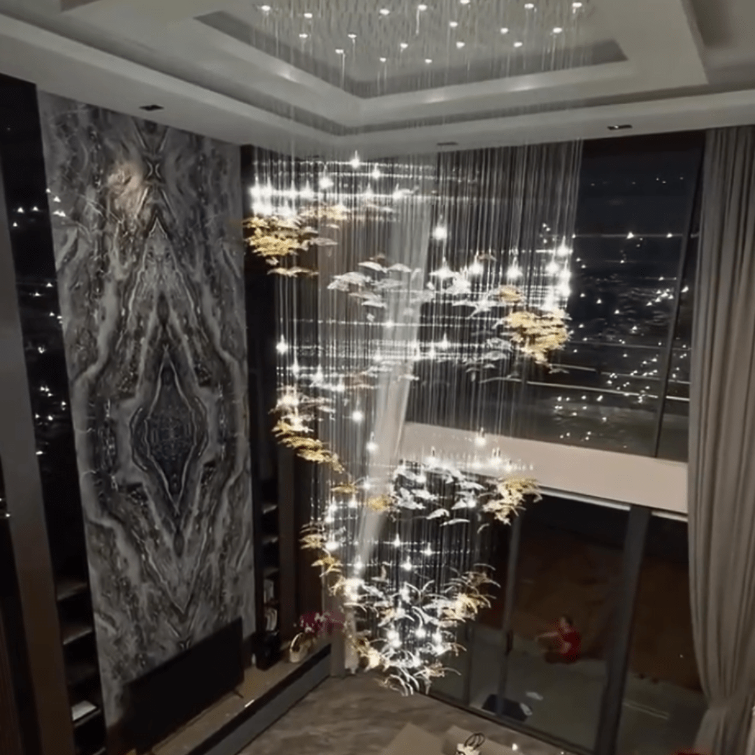Modern Ascending Spiral Floating Glass Feather Chandelier with Bulbs - Square Canopy/L68"*H144" (L173cm*H366cm)Warm LightBlushlighting