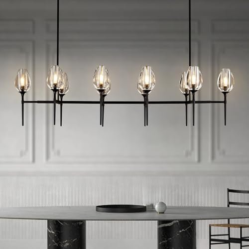 Modern Black 8 - Light 52in Rectangle Crystal Pendant Chandelier for Dining - Black - 52in - 8LightsBlushlighting
