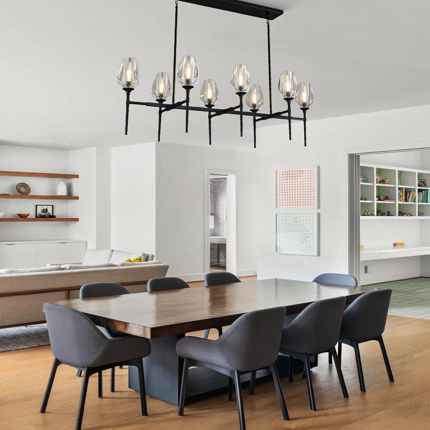 Modern Black 8 - Light 52in Rectangle Crystal Pendant Chandelier for Dining - Black - 52in - 8LightsBlushlighting