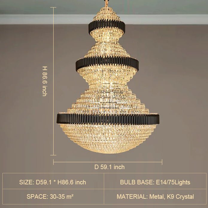 Modern Black Iron Crystal Chandelier For Foyer Staircase Luxurious Design Ceiling Light Fixture - D 59.1'' * H 86.6''Warm LightBlushlighting