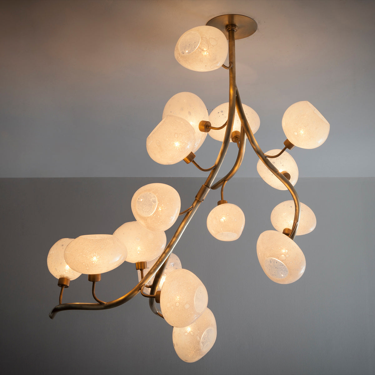 Modern Chandelier with Irregular Glass Lampshades and Brass Branches-Blushlighting