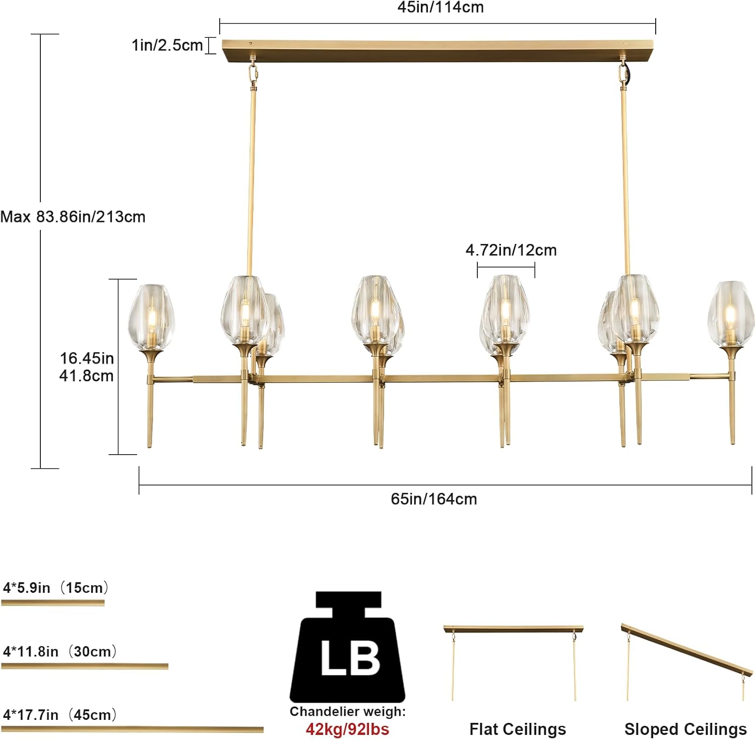 Modern Crystal Chandelier 10 Lights Brass 65in Gold Rectangle K9 Pendant Light