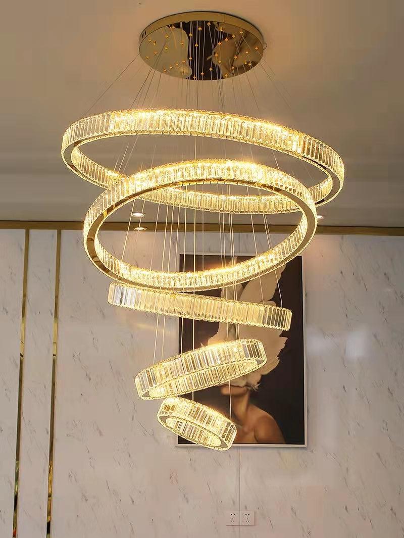 Modern Front Entryway Chandelier 3/4/5/6/7 Rings Crystal Gold/ Chrome Finish Ceiling Lamp-Chandeliers-Blushlighting-5 Rings: Dia(39.4"+31.5"+23.6"+15.7"+7.9")/45kg/46.2kg-Gold-White Light-Blushlighting