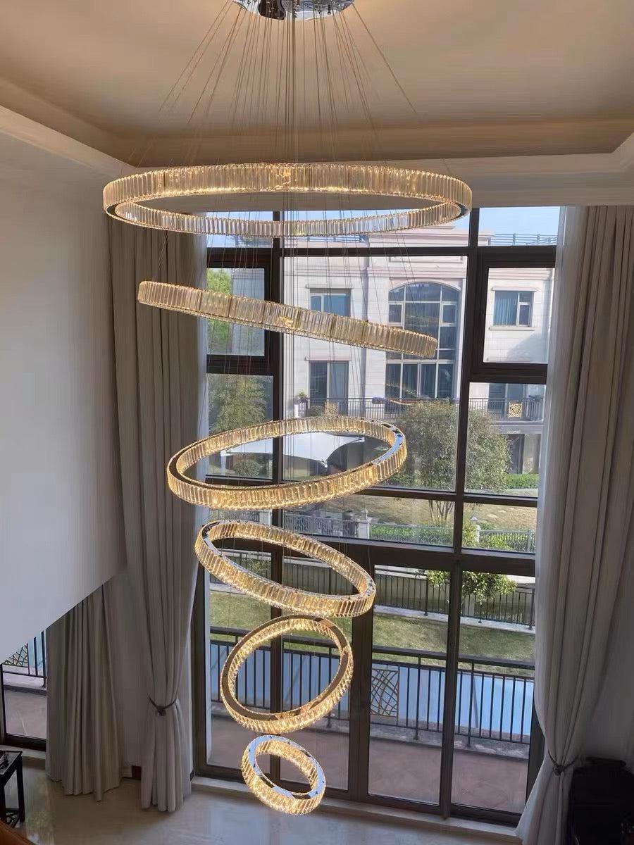 Modern Front Entryway Chandelier 3/4/5/6/7 Rings Crystal Gold/ Chrome Finish Ceiling Lamp-Chandeliers-Blushlighting-6 Rings: Dia(47.2"+39.4"+31.5"+23.6"+15.7"+7.9")/63kg-Chrome-Warm Light-Blushlighting