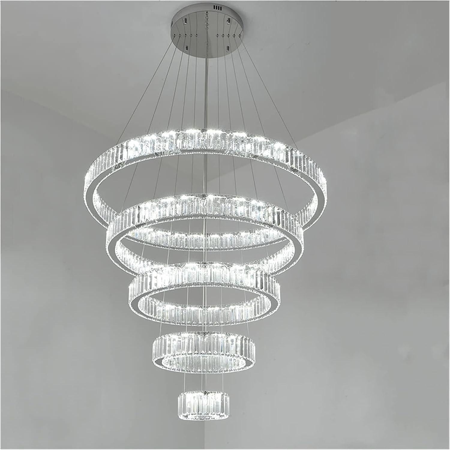 Modern Front Entryway Chandelier 3/4/5/6/7 Rings Crystal Gold/ Chrome Finish Ceiling Lamp - 5 Rings: Dia(39.4"+31.5"+23.6"+15.7"+7.9")/45kg/46.2kgChromeWhite LightBlushlighting