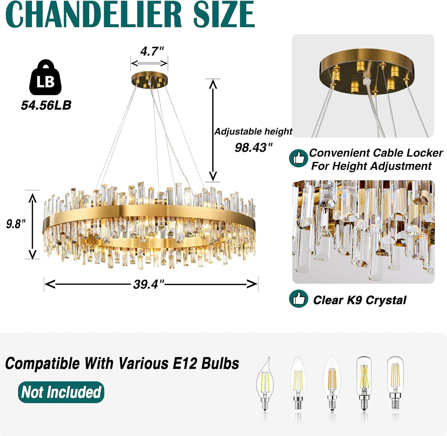 Modern Gold 2-Tier Crystal Chandelier with 20 E12 Bulbs